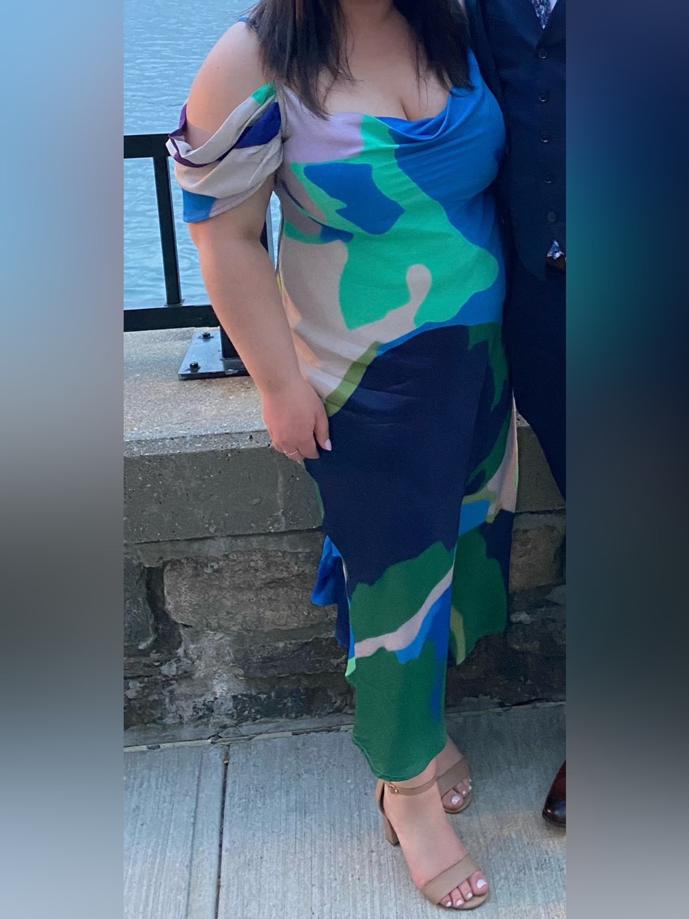 Midi Slip Dress - Off-Shoulder and Cowl Neck